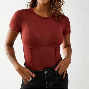 NWOT Free People Rust Red Have To Have It Seamed Sheer Bodysuit